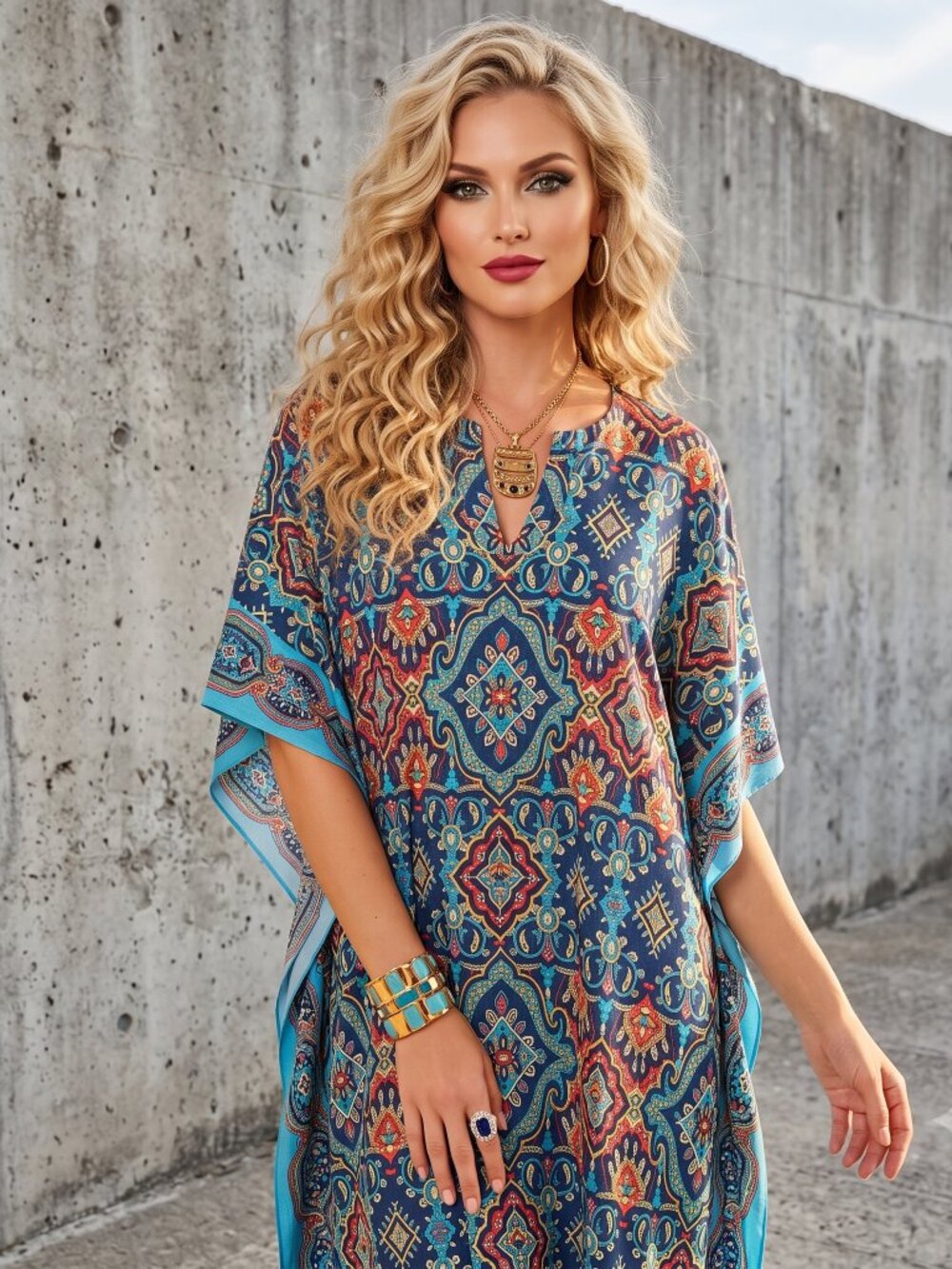 Joan Rivers Caftan Kaftan Size Medium Petite Southwestern Bandana Psychedelic